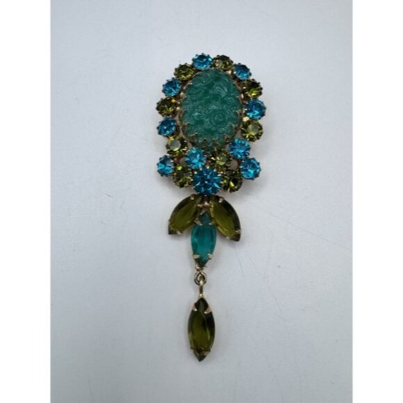 VTG Carved Green Jade Glass Rhinestone Green- Blue Gold Tone Long Dangle Brooch - Picture 6 of 13